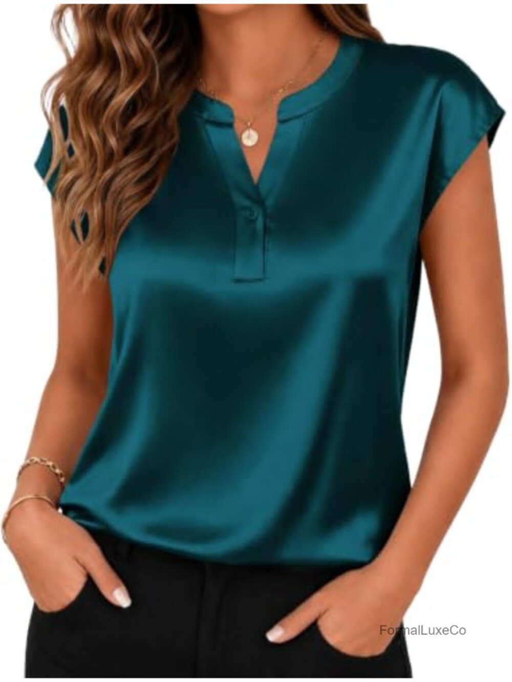 Satin Blouse V Neck Cap Sleeve Business Casual Women Tops